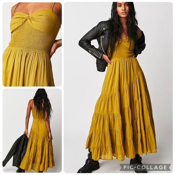 Free People Dresses & Skirts - Free People Sundrenched Solid Maxi Dress Mustard Smocked Boho Tiered S